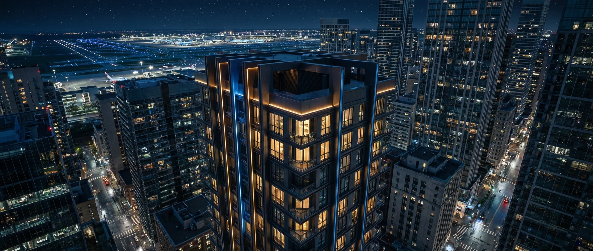 High-Rise Skyline Tower with Vertical Architectural Illumination